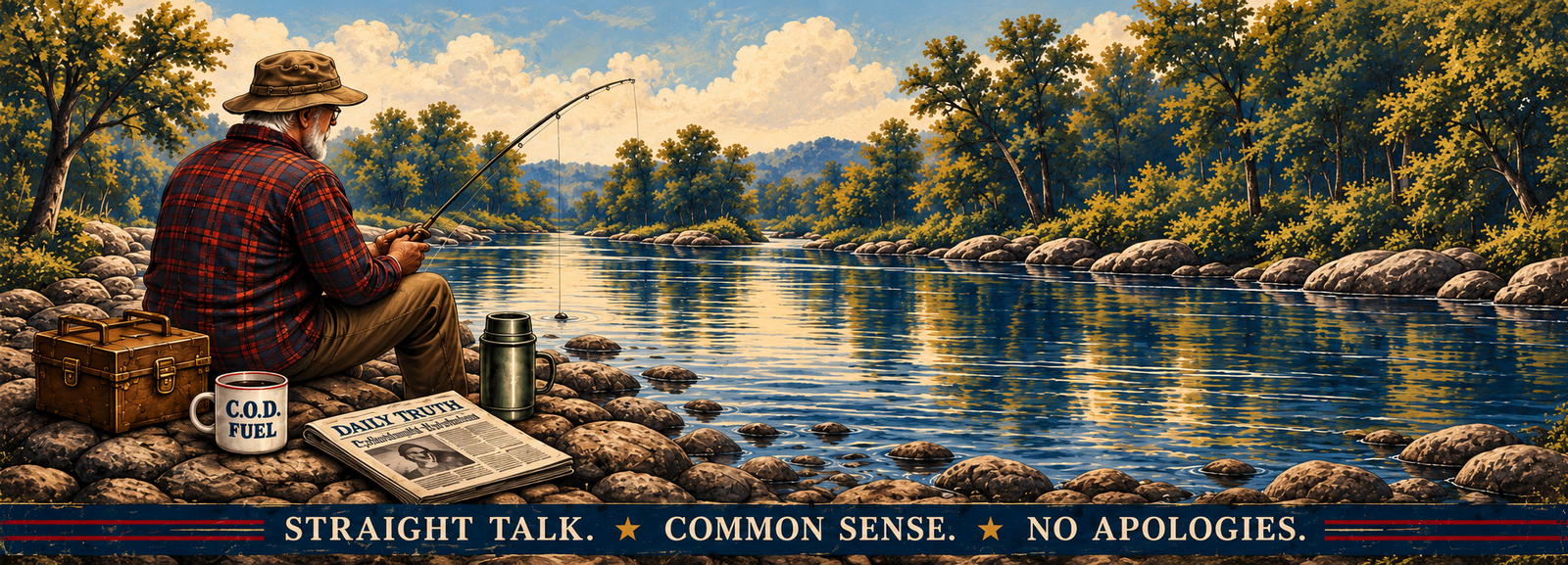 The Cranky Old Dad fishing beside a pond with C.O.D. Report research materials